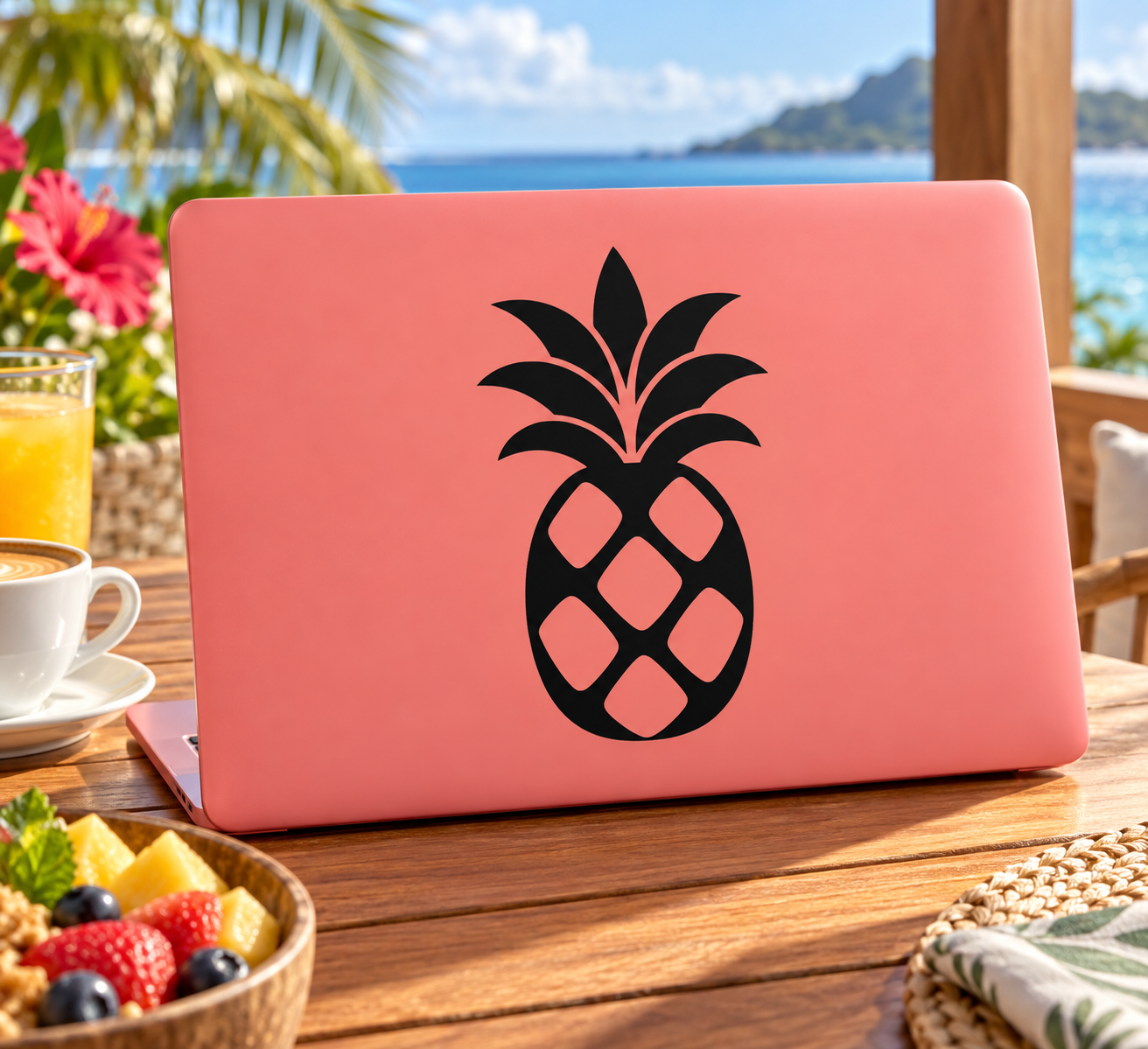 Pineapple summer vinyl decal, black pineapple icon on pink laptop surface