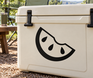 Watermelon vinyl decal with black slice graphic on white cooler front