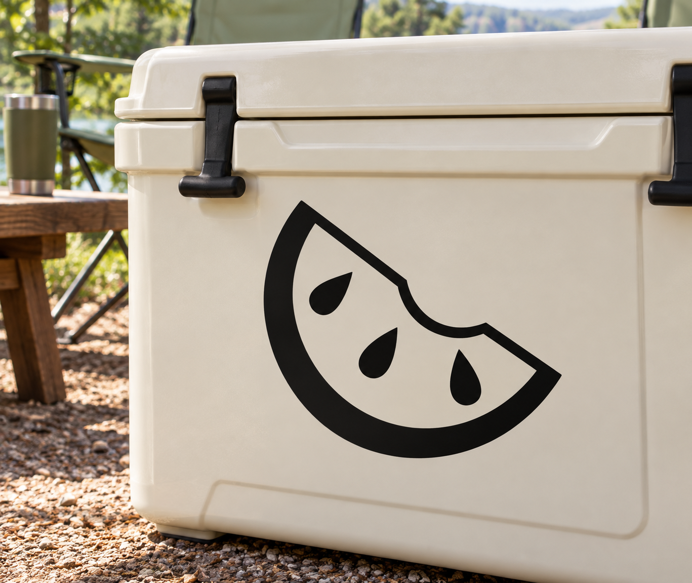 Watermelon vinyl decal with black slice graphic on white cooler front