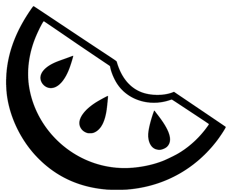 Watermelon vinyl decal close-up with black outline and three black seed drops