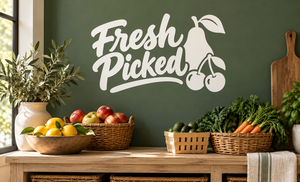 Fresh Picked vinyl fruit decal with script lettering and cherry branch silhouettes