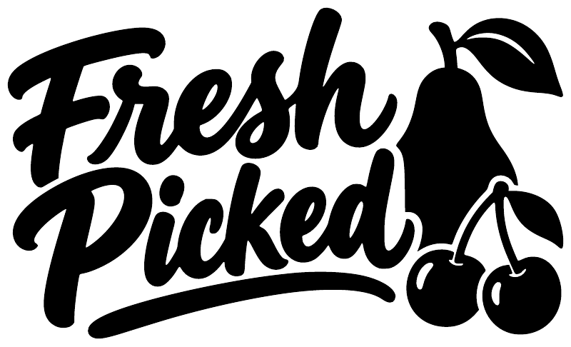 Fresh Picked vinyl decal close-up: bold script text with cherry silhouettes