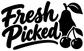 Fresh Picked vinyl decal close-up: bold script text with cherry silhouettes