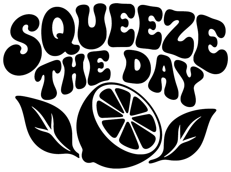 Black vinyl decal close-up: 'SQUEEZE THE DAY' lettering with lemon slice and leaves