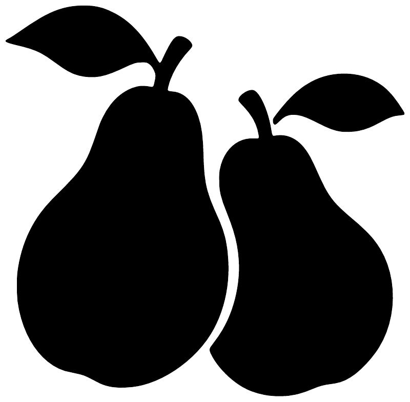 Two black pear vinyl decals, close-up view with leaf and stem shapes