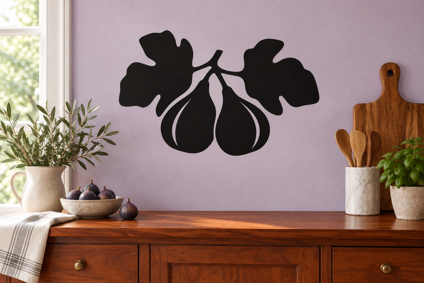 Black fig pair and leaves vinyl decal with hanging fruit shapes