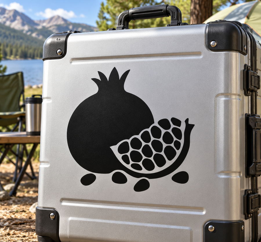 Black pomegranate vinyl decal with open seeds and small scattered seed shapes