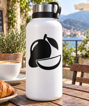 Vinyl fruit decal of a black mango with banana slice on a water bottle