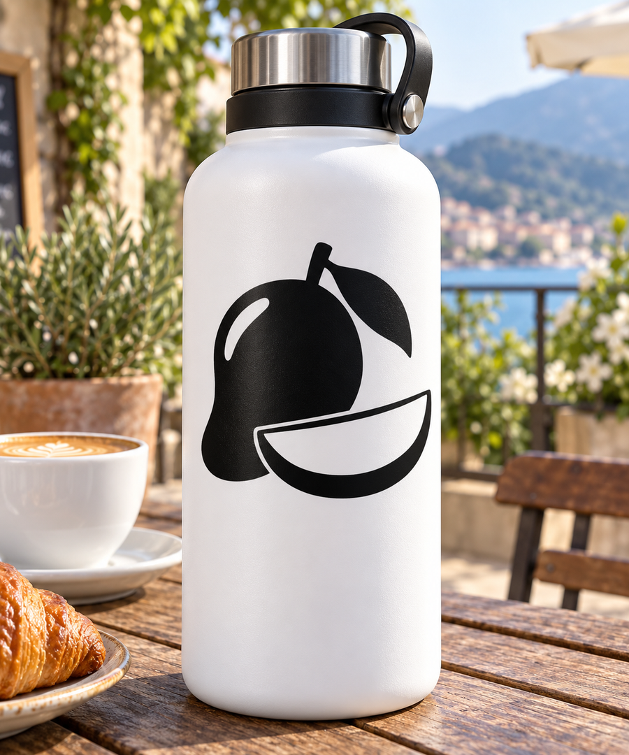 Vinyl fruit decal of a black mango with banana slice on a water bottle