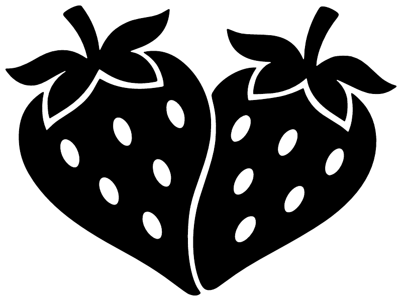 Strawberry heart vinyl decal pair close-up, black with white dot accents