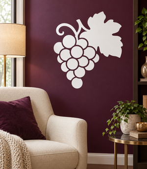 Grape cluster and leaf vinyl wall decal, white grape and leaf outline