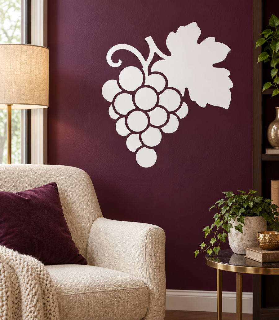 Grape cluster and leaf vinyl wall decal, white grape and leaf outline