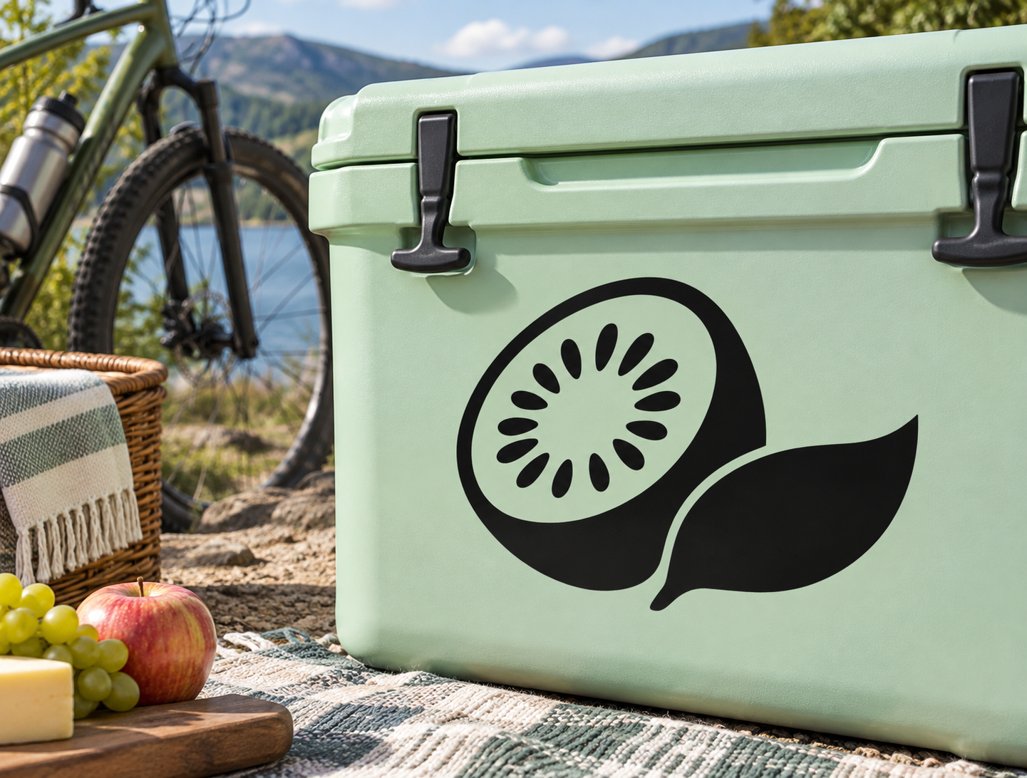 Vinyl kiwi slice and leaf decal in black, applied on a light mint surface