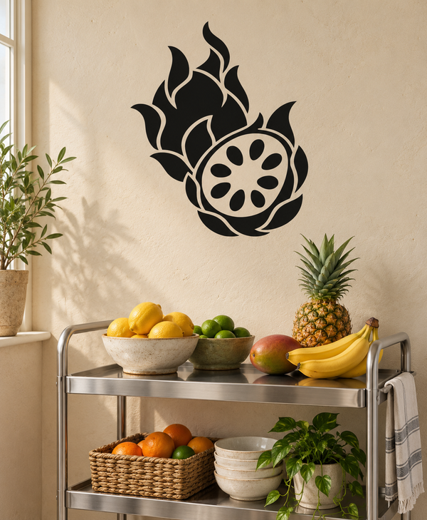 Black dragon fruit flame silhouette vinyl wall decal with round seed pattern