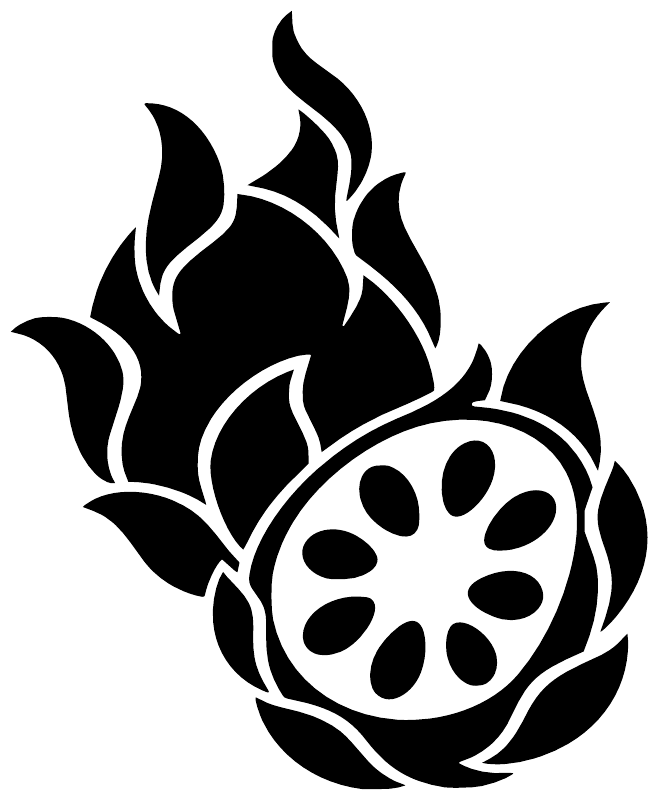 Black dragon fruit vinyl decal silhouette with flame shapes and dotted seed face