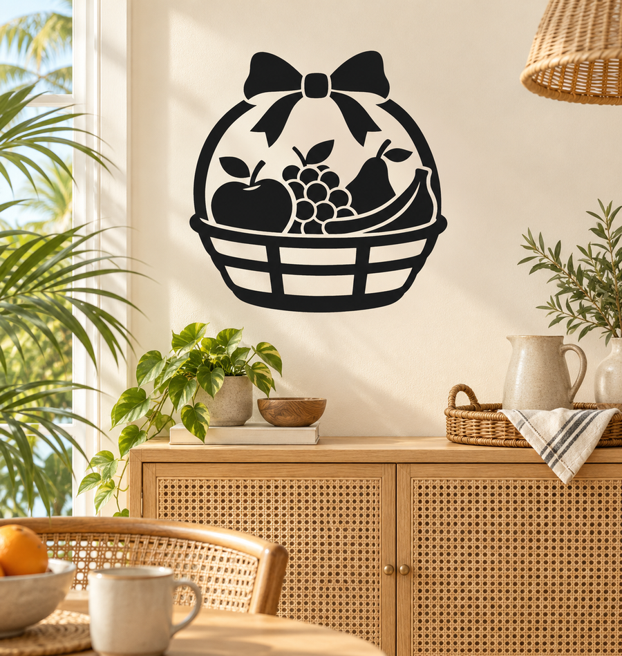 Black fruit basket vinyl decal with bow and berries in a striped basket