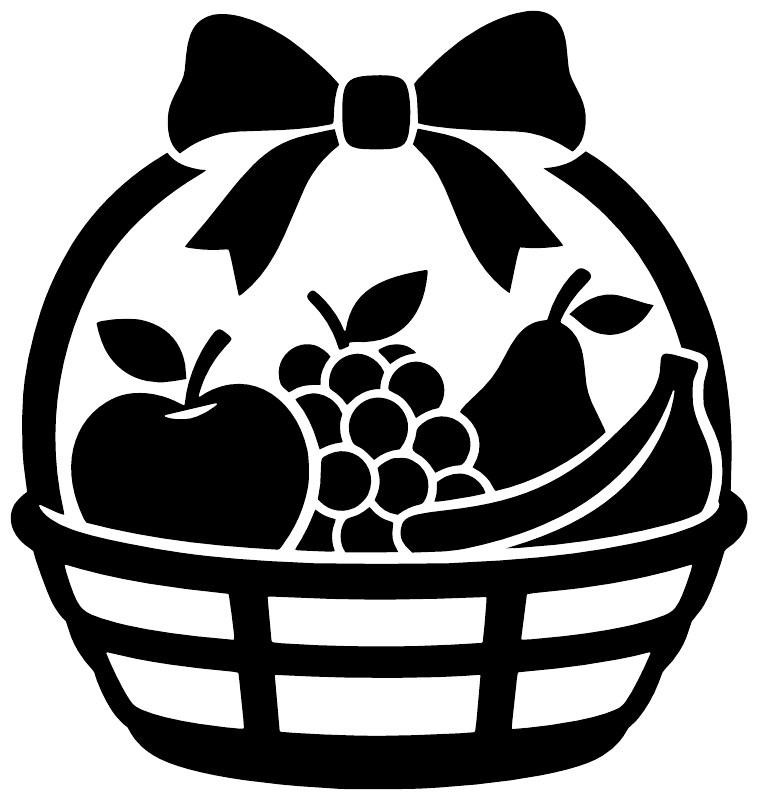 Close-up black fruit basket vinyl decal with bow, berries, and striped basket