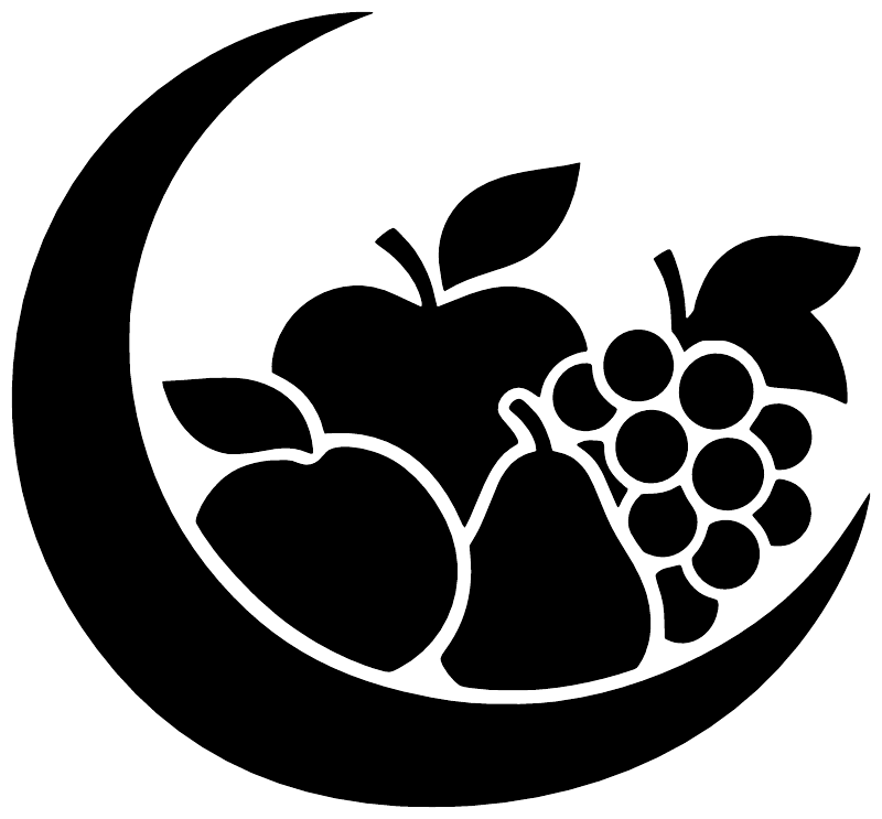 Fruit crescent vinyl decal close-up: black moon with apple and grape icons