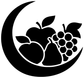 Fruit crescent vinyl decal close-up: black moon with apple and grape icons