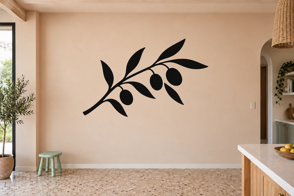 Black olive branch vinyl wall decal with curved stem, leaves, and round olives