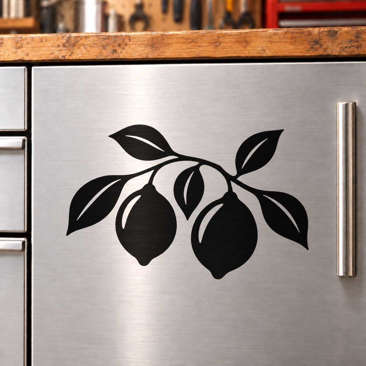 Black bough vinyl decal with five leaf and lemon/fruit shapes for cabinet doors