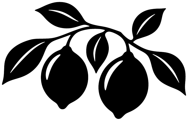 Black bough vinyl decal featuring five leaves and lemon/fruit shapes on white background