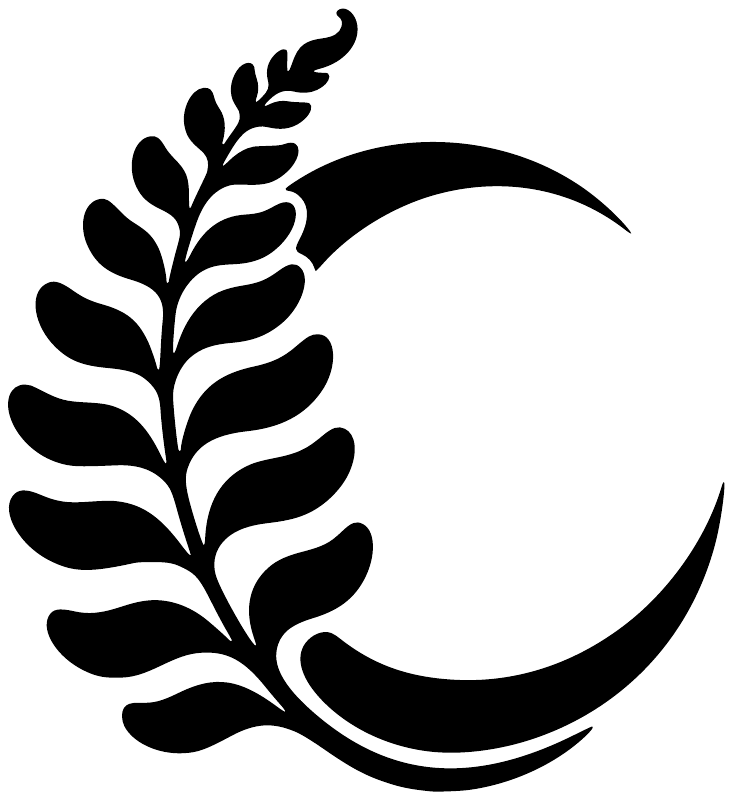 Close-up of black vinyl decal: crescent moon with leafy branch