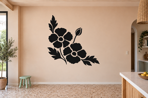 Black poppy flower vinyl wall decal with sweeping corner design