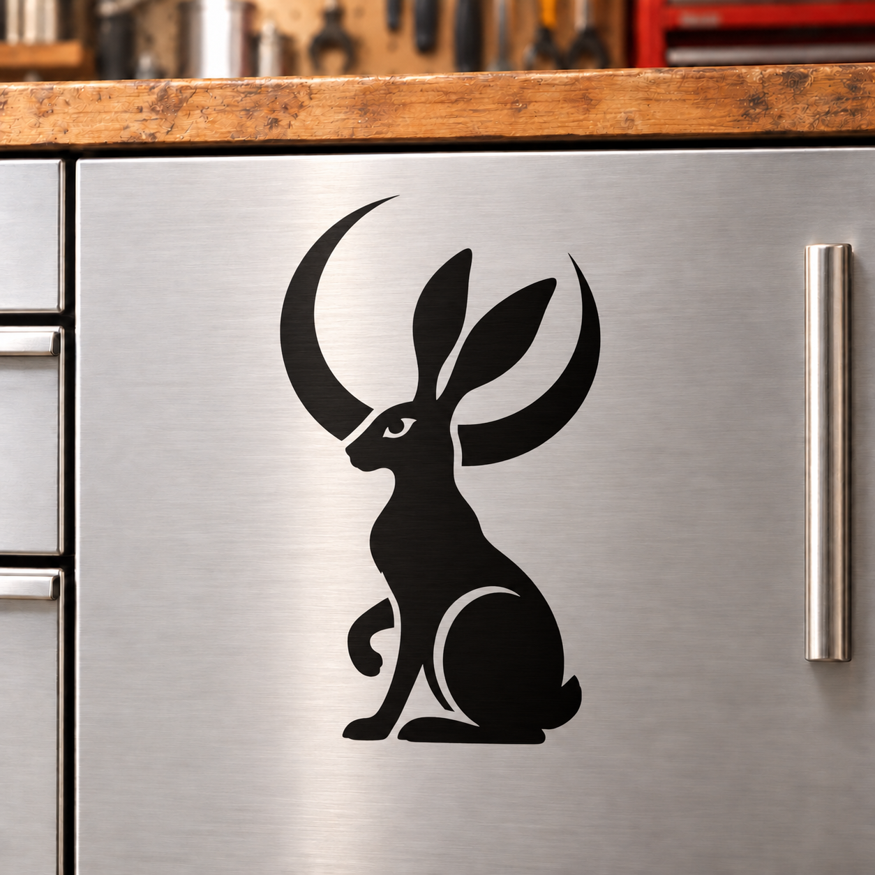 Moonlit hare vinyl decal, black silhouette with crescent moon and leafy ears