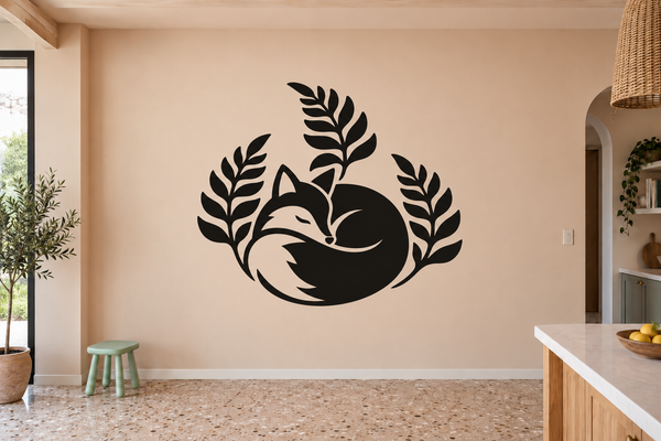 Black fox and fern vinyl wall decal