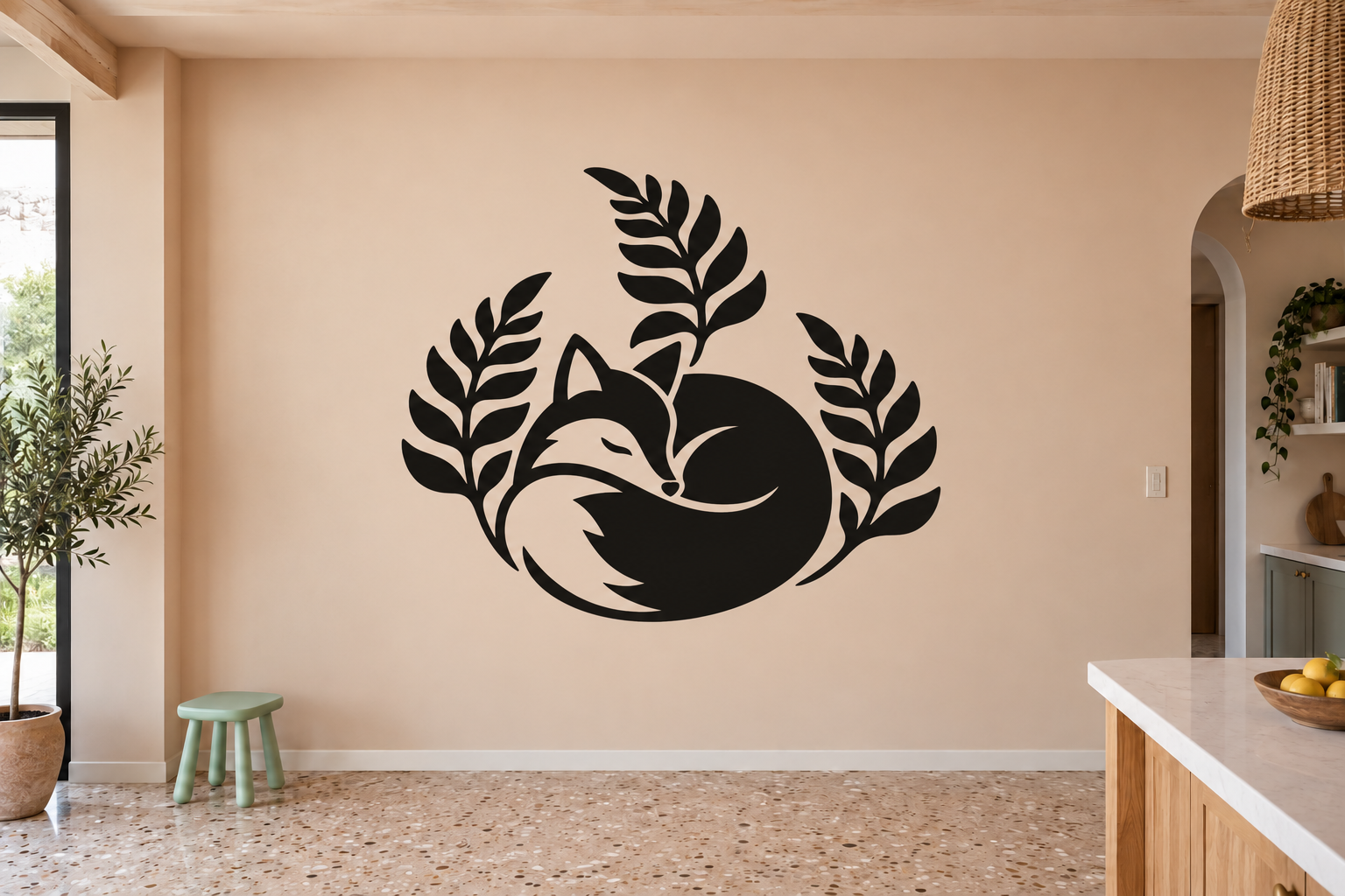 Black fox and fern vinyl wall decal