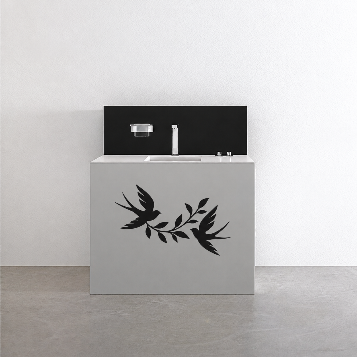 Black swallow ribbon vinyl decal with flying bird and leaf vines on cabinet front