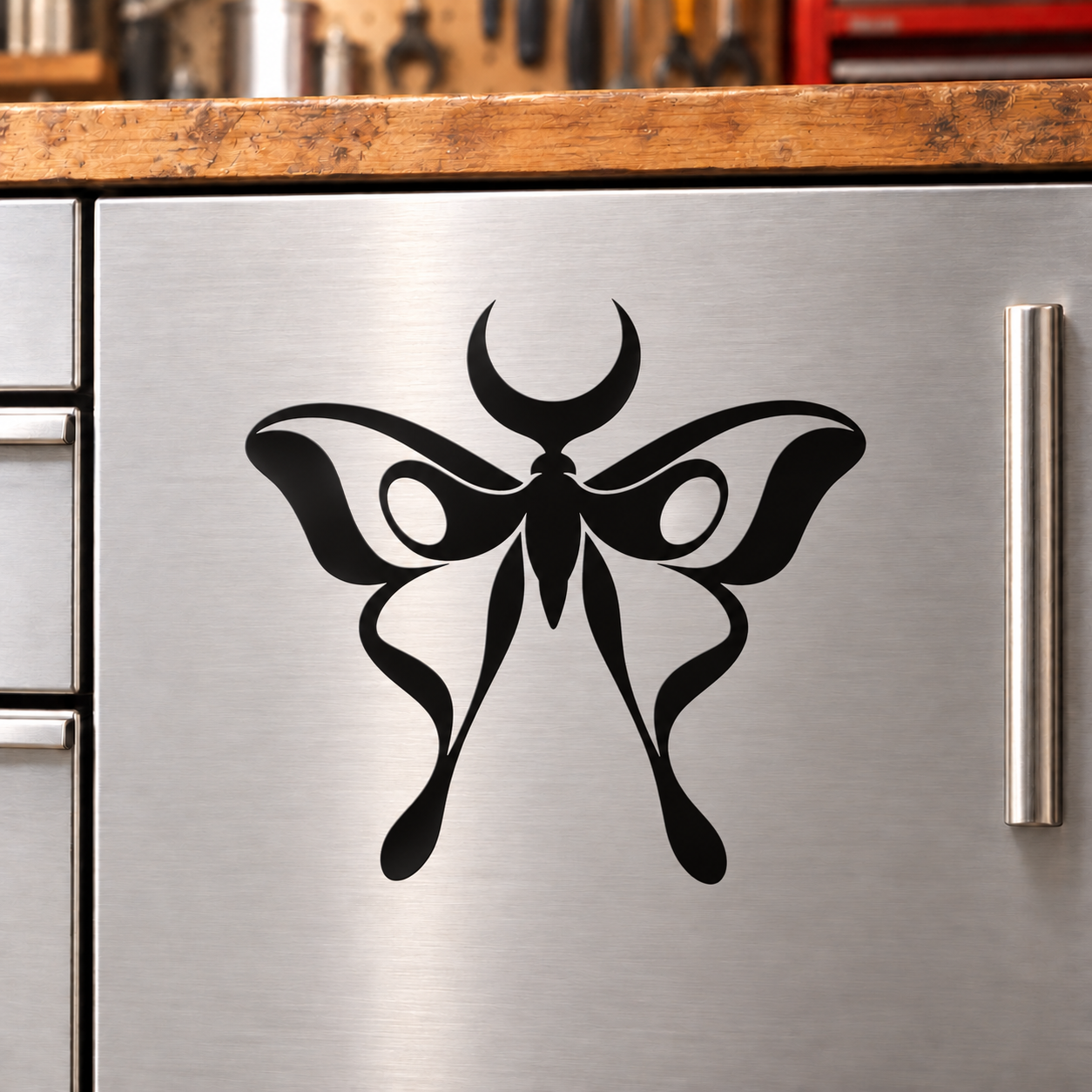Black butterfly-shaped jewel vinyl decal with crescent crown