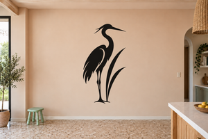 Heron reed panel vinyl wall decal, black heron silhouette with reeds