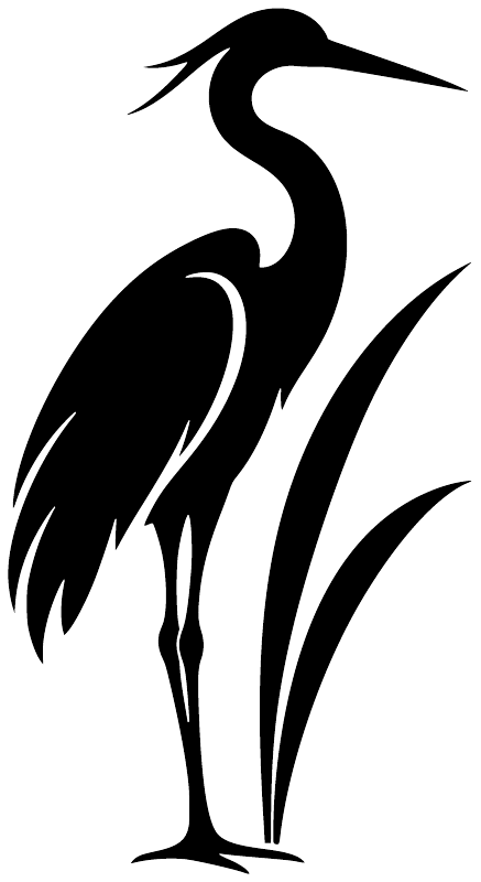 Close-up heron reed panel vinyl wall decal, black heron silhouette and reeds