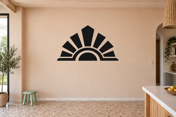 Black sunrise crest vinyl decal for furniture, arched base with radiating rays