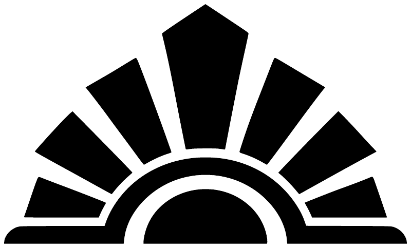 Close-up black sunrise crest vinyl decal, thick rays around an arched center