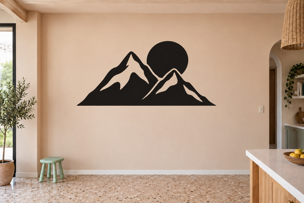 Black mountain and sun vinyl decal, circular sun over three peak silhouettes