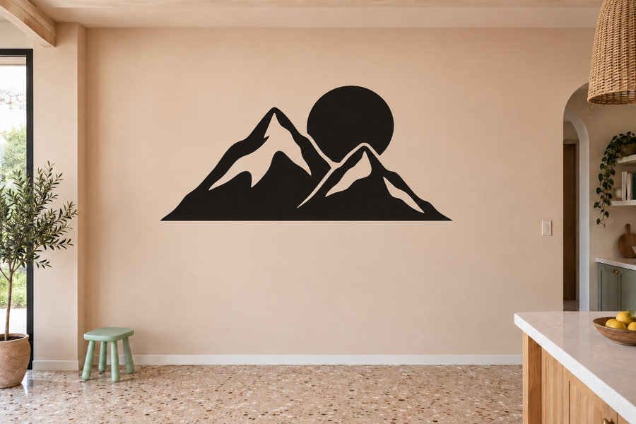 Black mountain and sun vinyl decal, circular sun over three peak silhouettes