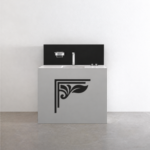 Stepped corner vinyl decal with black scroll and leaf motif on furniture panel