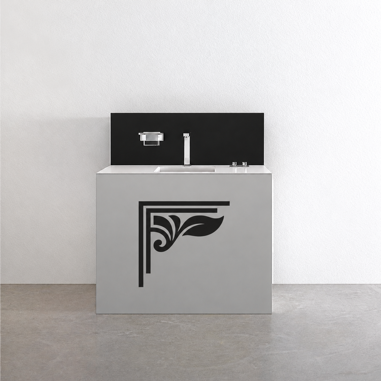 Stepped corner vinyl decal with black scroll and leaf motif on furniture panel