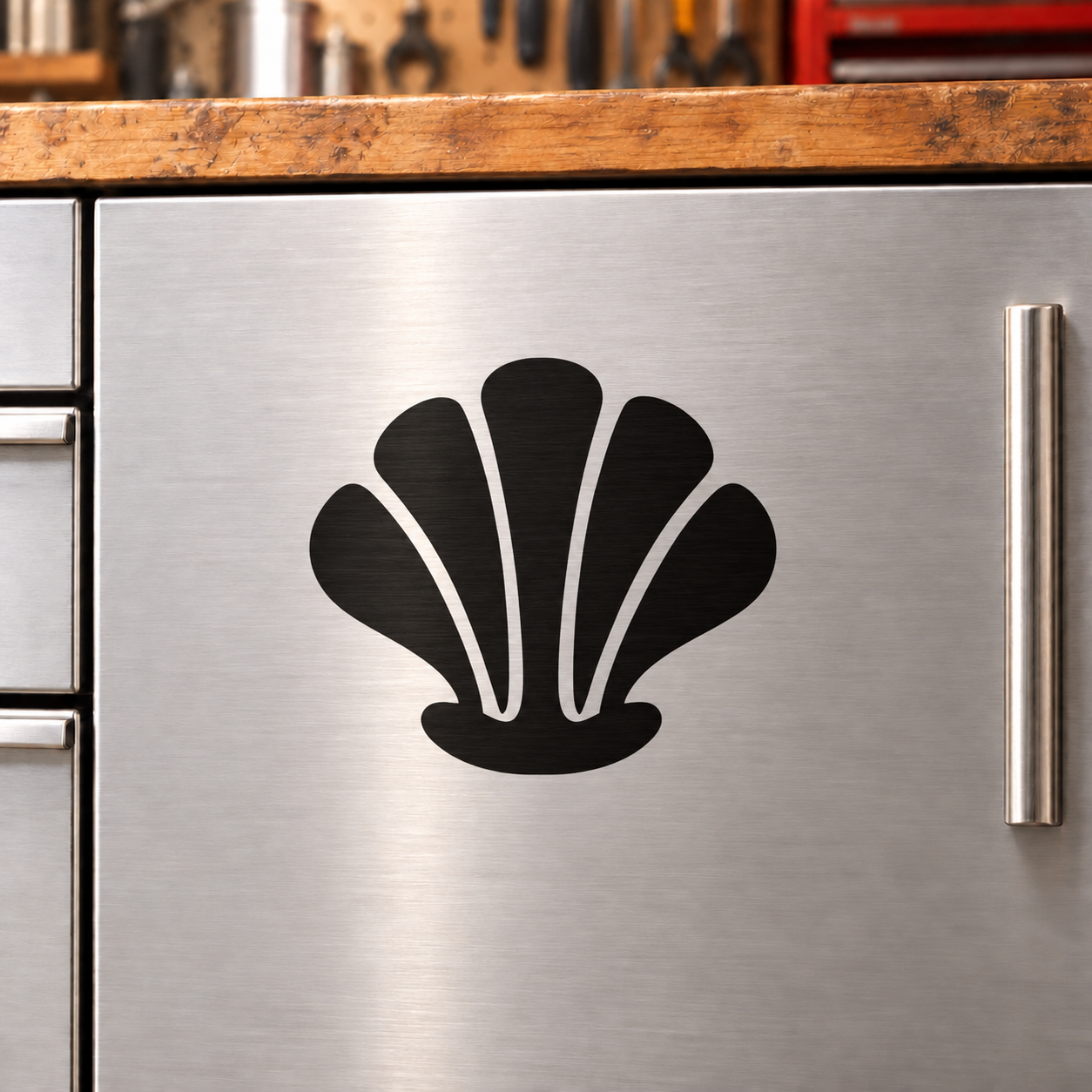 Black seashell vinyl cabinet decal with white highlights on cabinet door