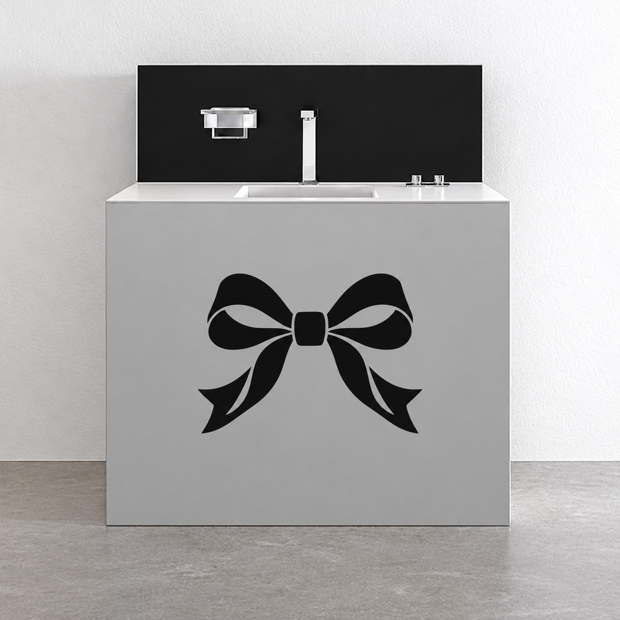 Black ribbon bow crest vinyl decal on light cabinet front