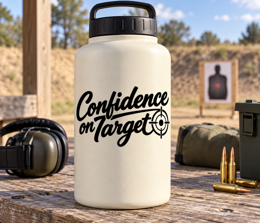 Vinyl decal with “Confidence on Target” script and crosshair target icon