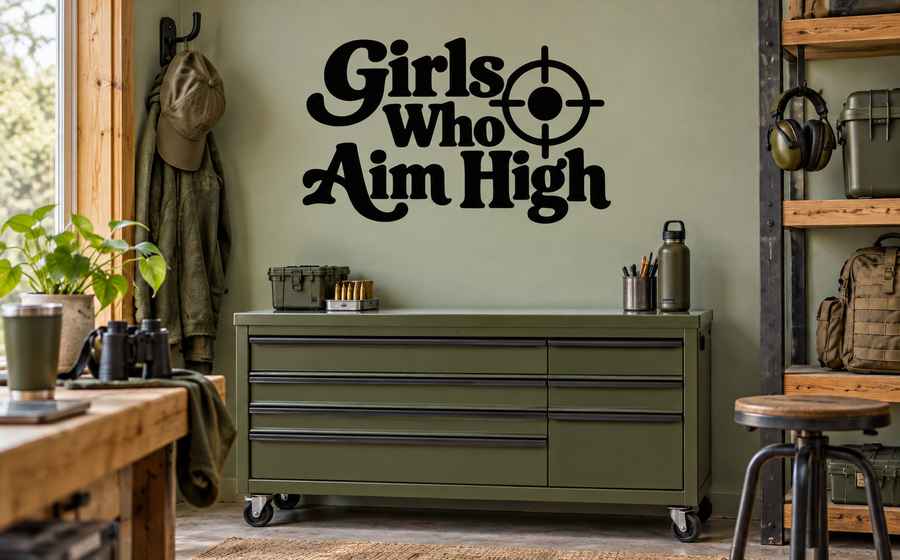 Vinyl wall decal with black Girls Who Aim High text and crosshair target icons
