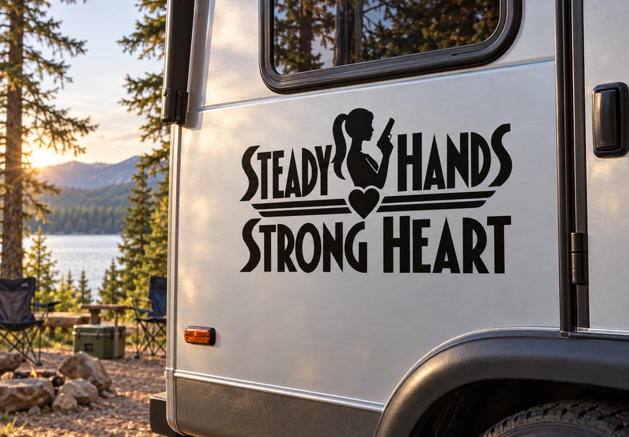 Steady Hands Strong Heart vinyl decal with heart and hands silhouette on vehicle door