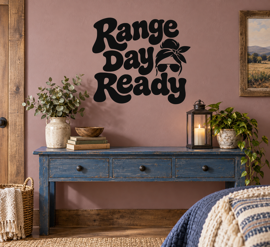 Vinyl wall decal reading “Range Day Ready” in bold black script with a small rifle graphic