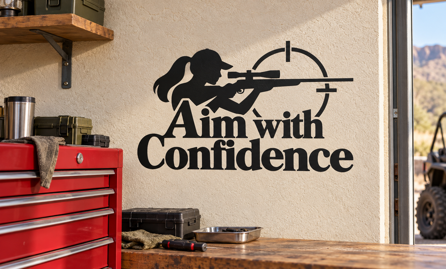 Aim with Confidence vinyl decal with silhouetted woman aiming a rifle