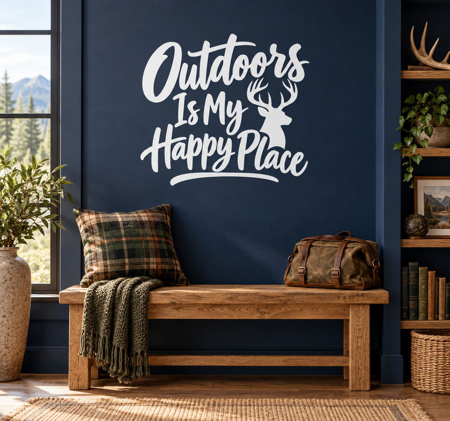 Vinyl decal: 'Outdoors Is My Happy Place' with deer antlers