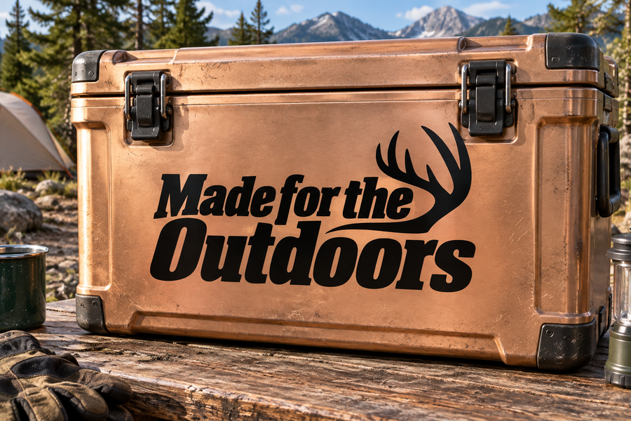 Vinyl decal: black “Made for the Outdoors” text with antler flame icon